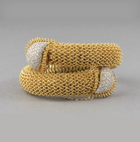 18ct gold mesh cuff bracelet with pave set diamond terminals