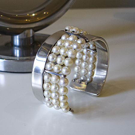 Modernist silver and cultured pearl cuff bracelet